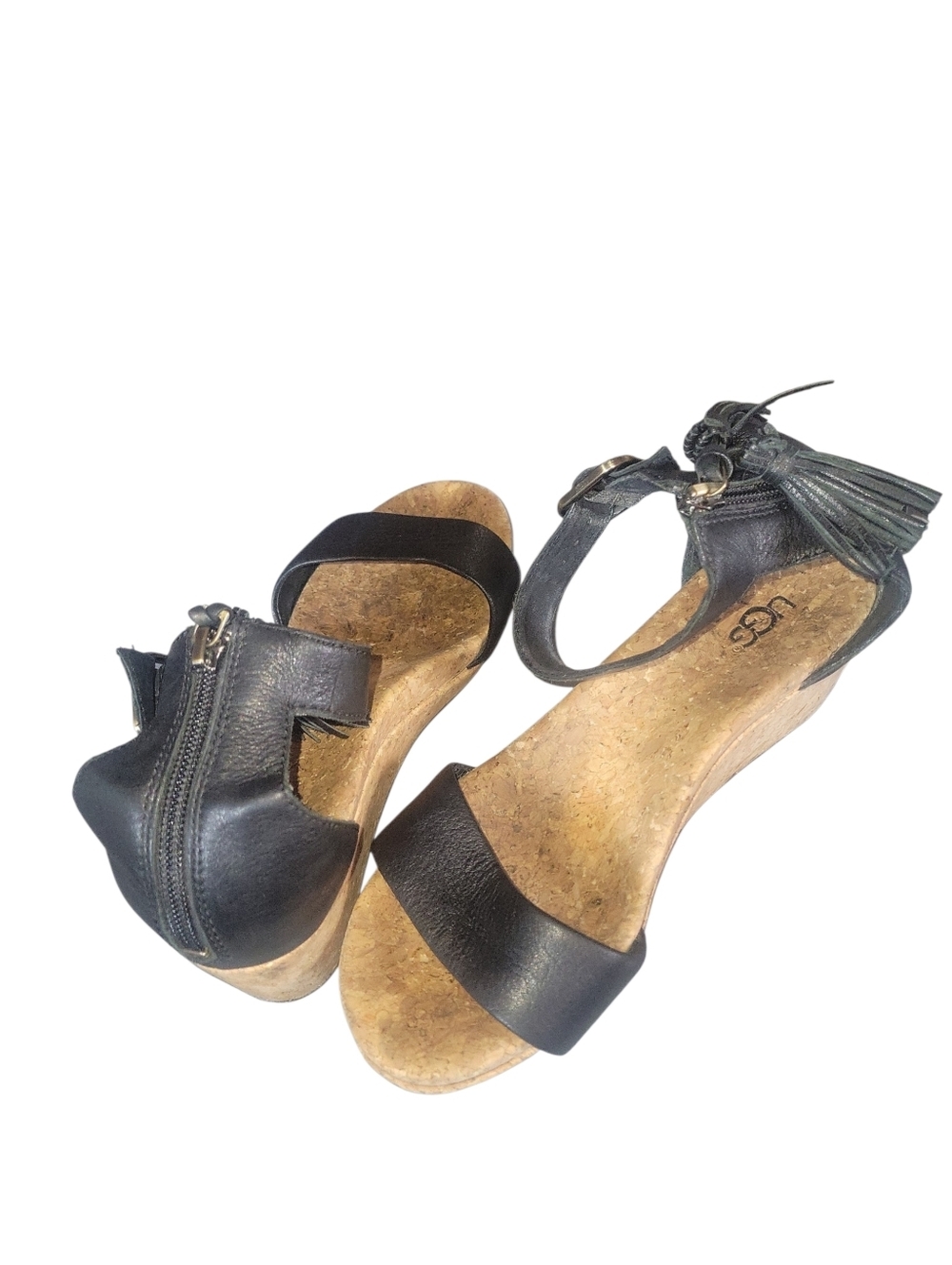 UGG Zoe Black Leather Cork Wedge Sandals with Tassel Ankle Strap Back Zipper Sz7 - Picture 3 of 7